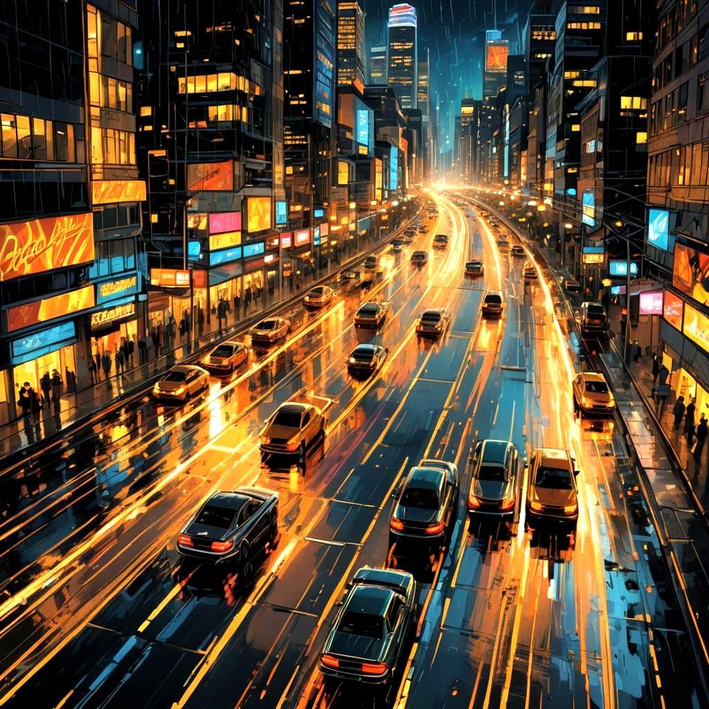 Night Car Race with Golden Sparks: Comic Book Art