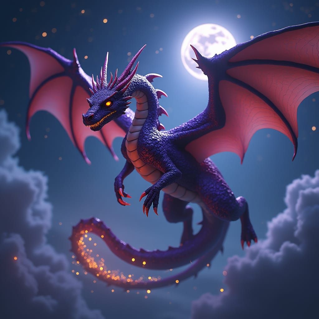 Purple Dragon Soaring Through Night Sky