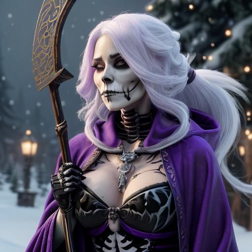 Christmas Themed Woman with Skeleton Face Tattoo