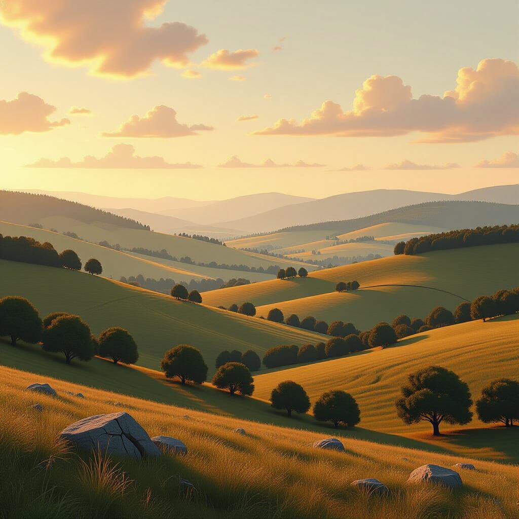Dreamlike Landscape Art with Rolling Hills and Trees