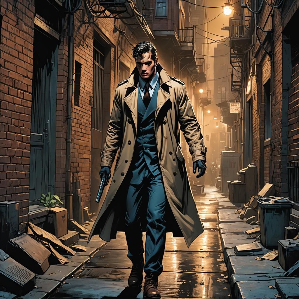 Mysterious Man in Dimly-Lit Alley: Comic Book Art