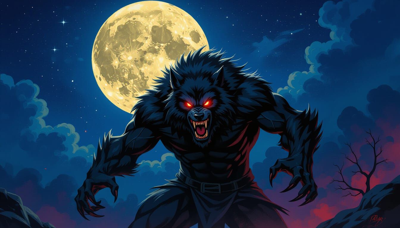 Werewolf Transformation Under Luminous Full Moon