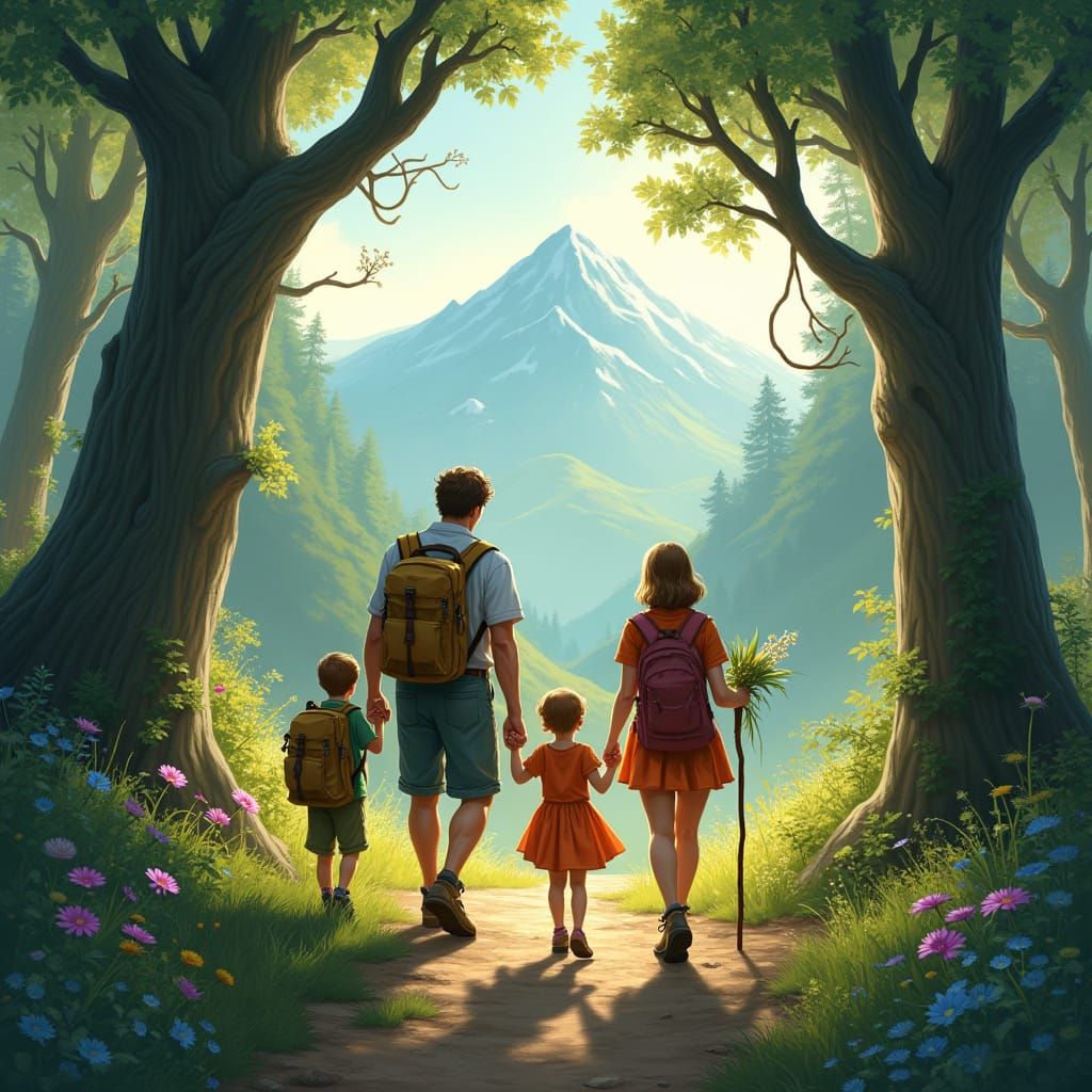 Family Hiking Through Mystical Forest Landscape