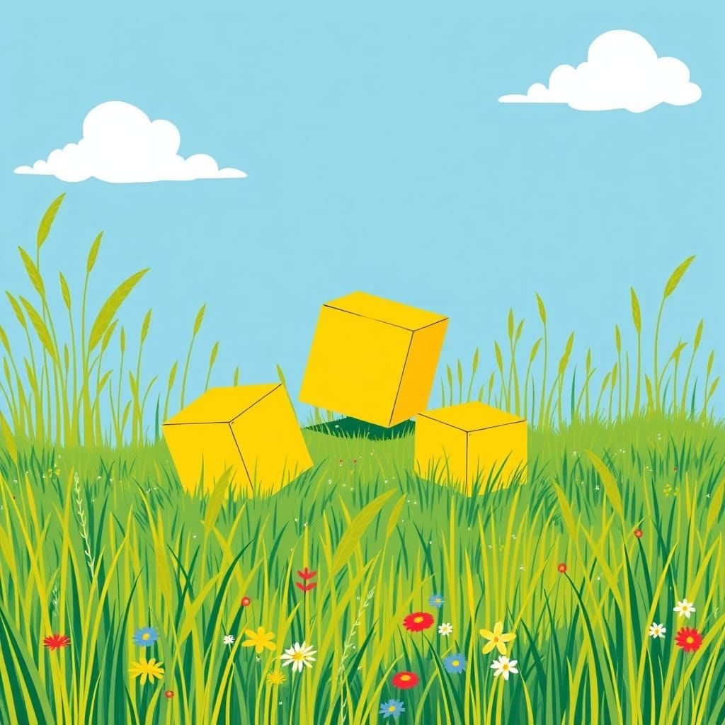 Whimsical Yellow Cubes in a Lush Meadow