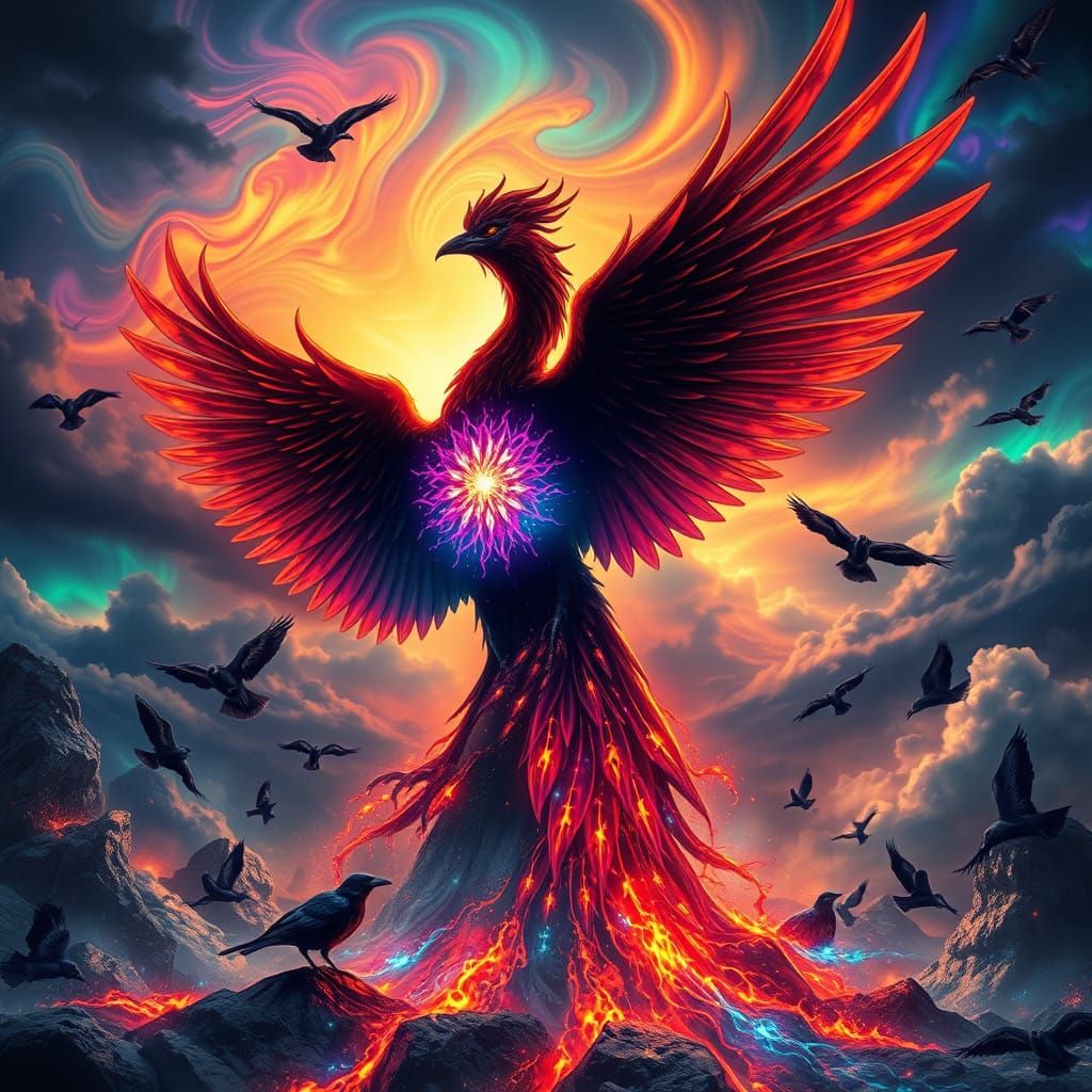 Cyberpunk Phoenix in Kaleidoscopic Storm