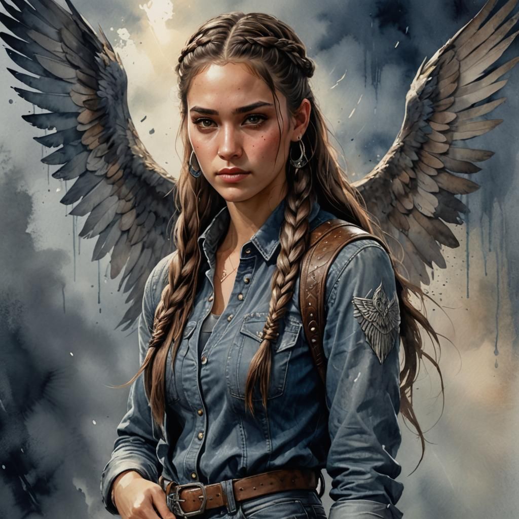 Winged Woman in Watercolor Dark Fantasy Style