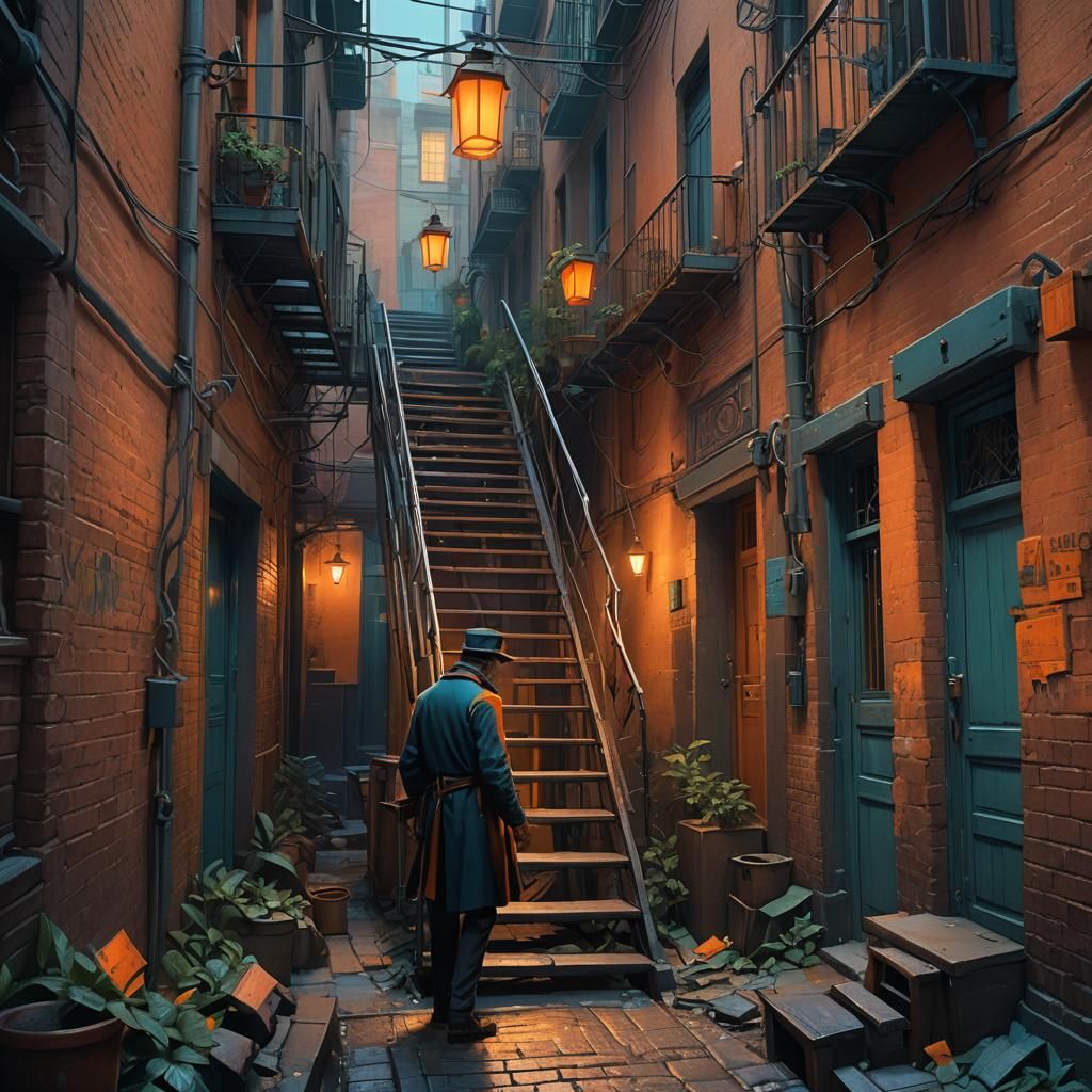 Nervous Man Avoiding Ladder in Dimly Lit Alleyway