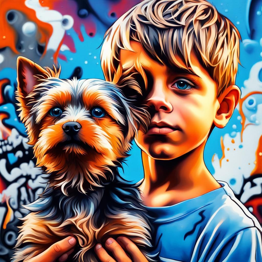 Boy and Yorkshire Terrier in Graffiti Splash Art