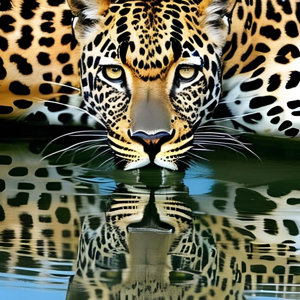 Leopard Gazing at Reflection in Still Water