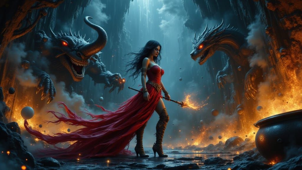 Sorceress Casting Spells in Dark Cave