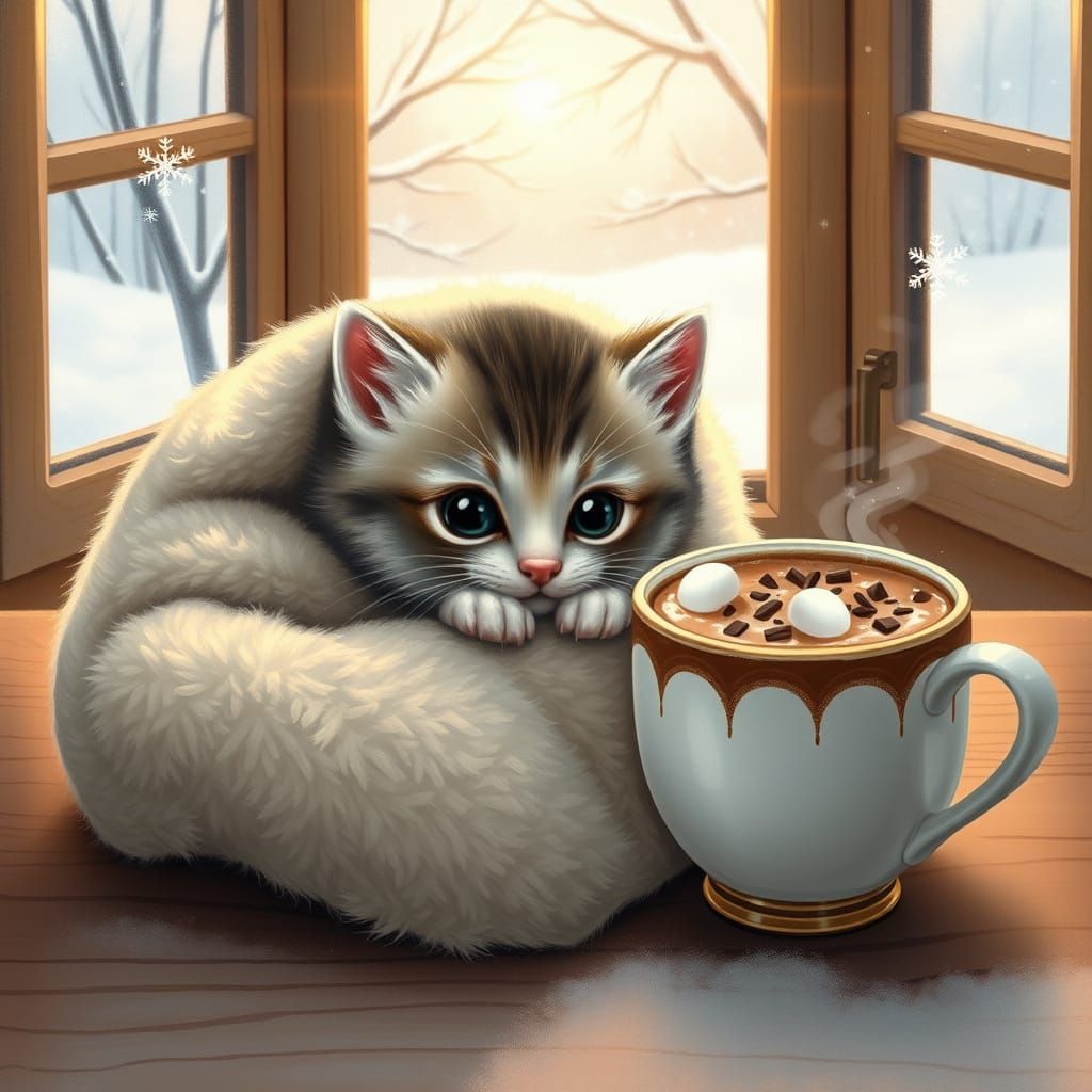 Whimsical Winter Scene: Cozy Kitten and Cocoa