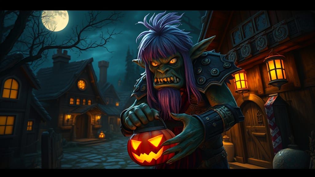 Orc Trick-or-Treating in Fantasy Village, Hyperdetailed Art