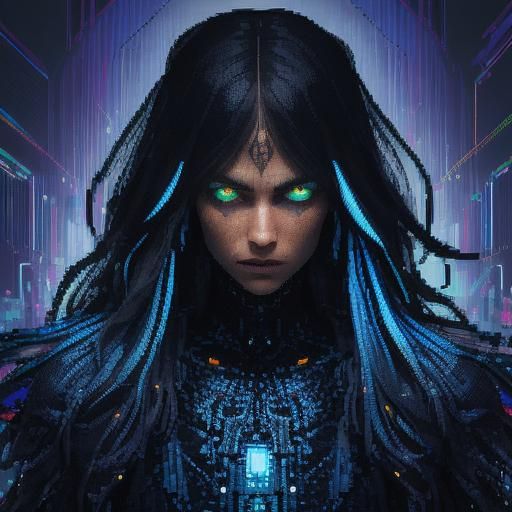 Mysterious Figure Creates Pixel Art with Glitch Effects