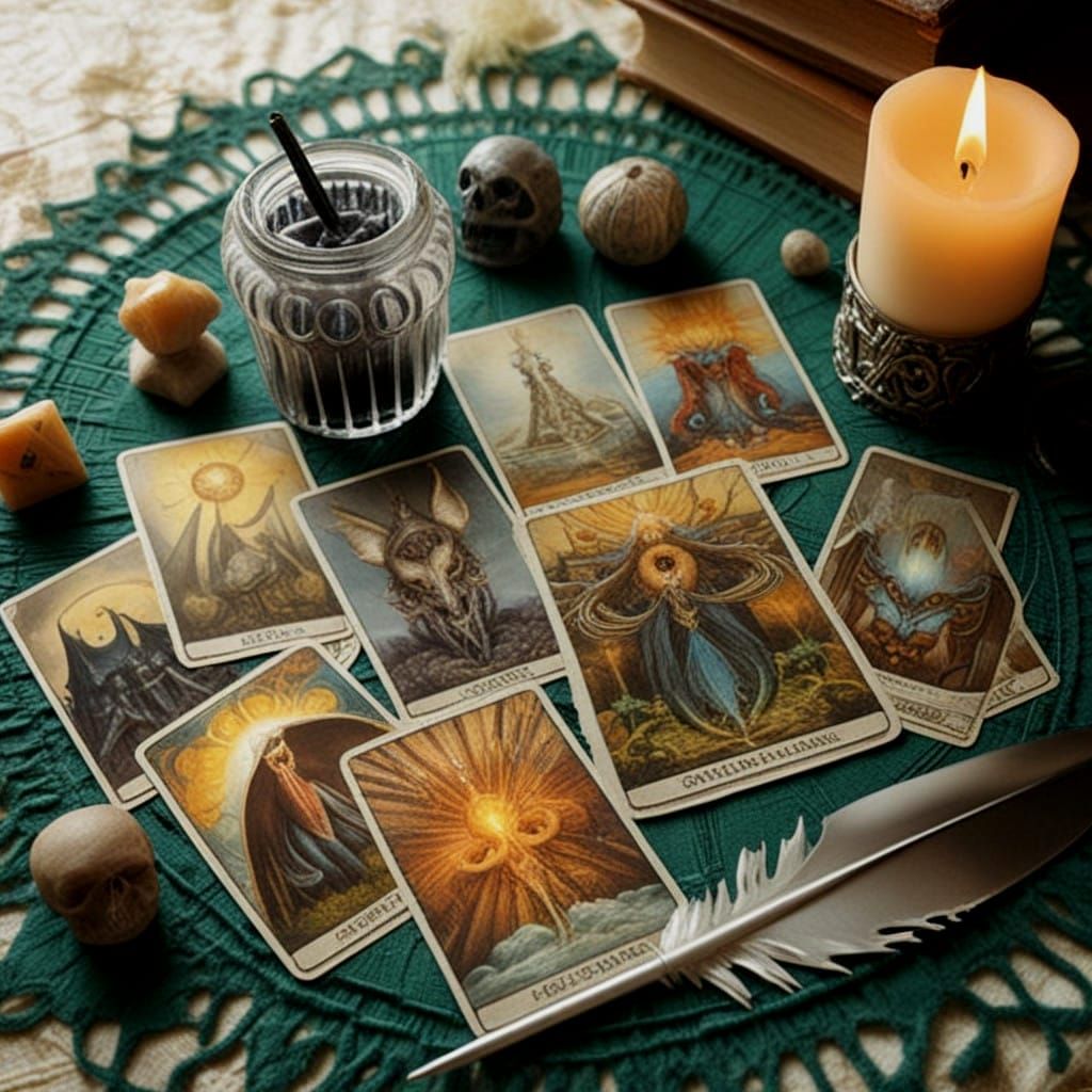 Tarot Cards Spread on Wooden Table in Mystical Setting