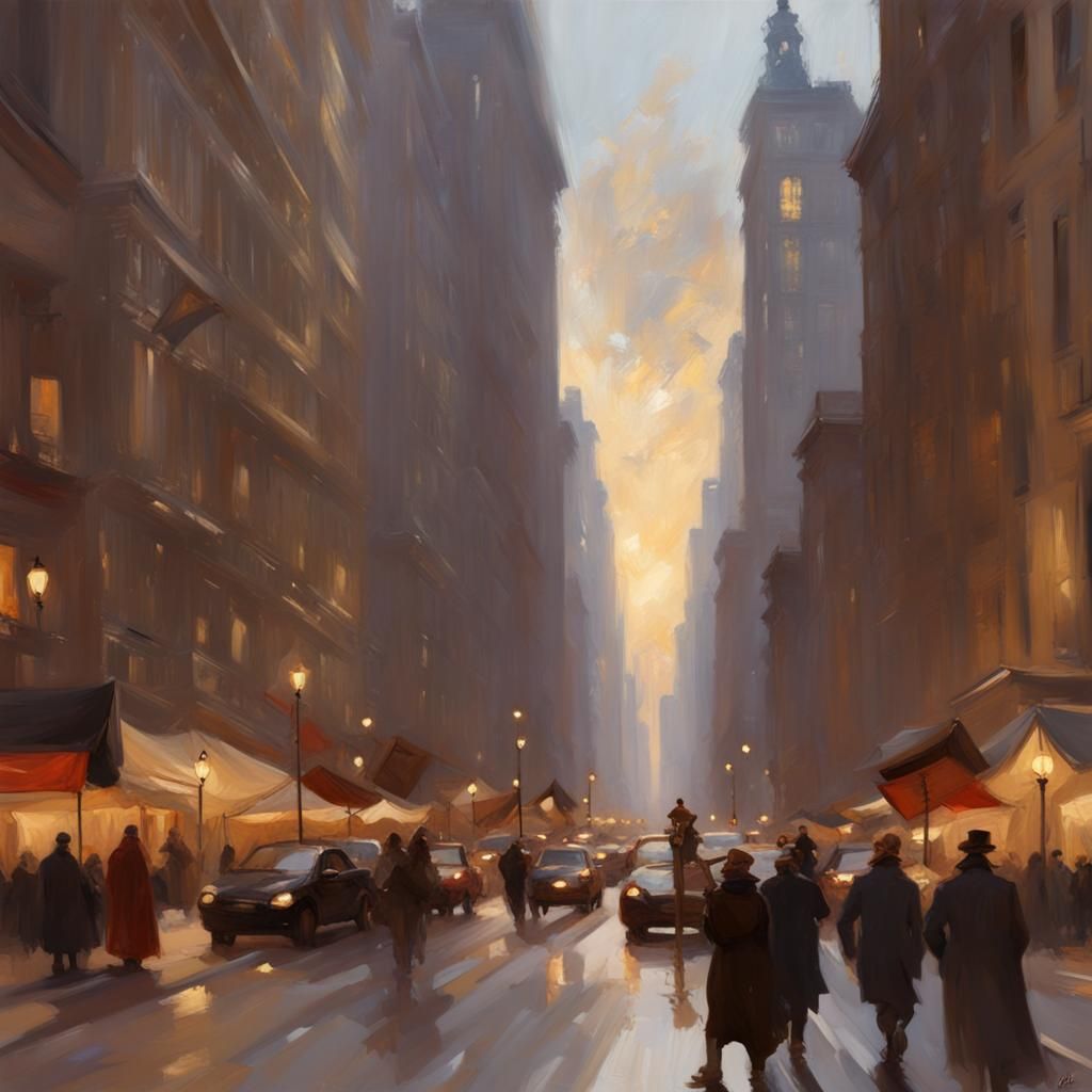 New York City in Art Nouveau Oil Painting