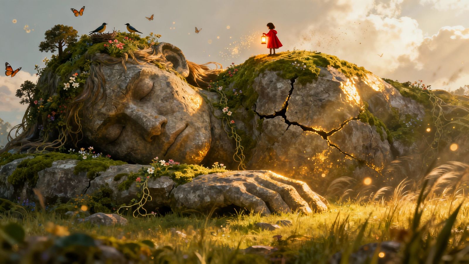 Stone Giant Rests in Sunlit Meadow with Tiny Girl