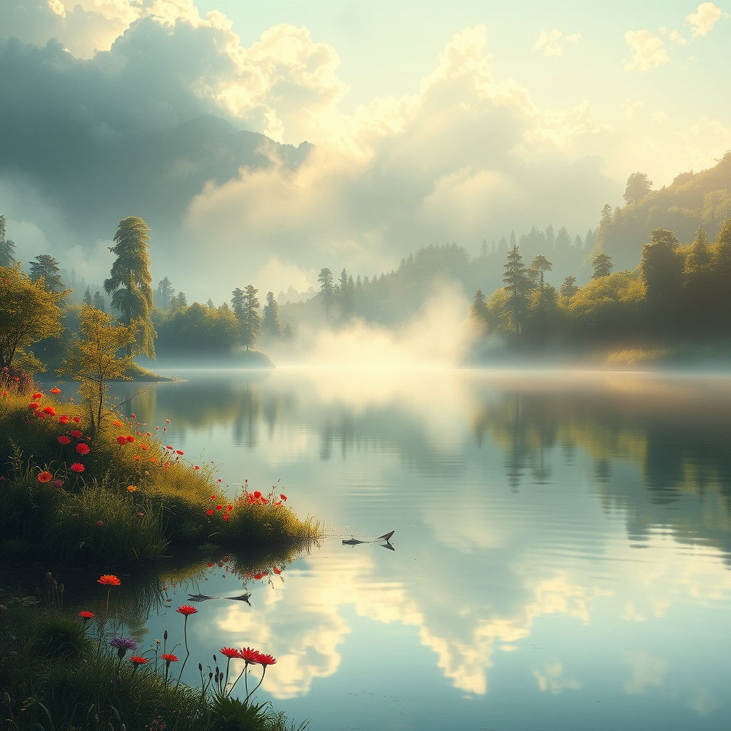 Serene Summer Lake with Glowing Mist