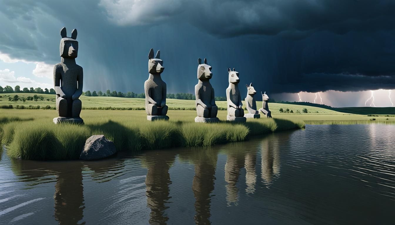 River Panorama with Stone Totems in Photorealistic Style