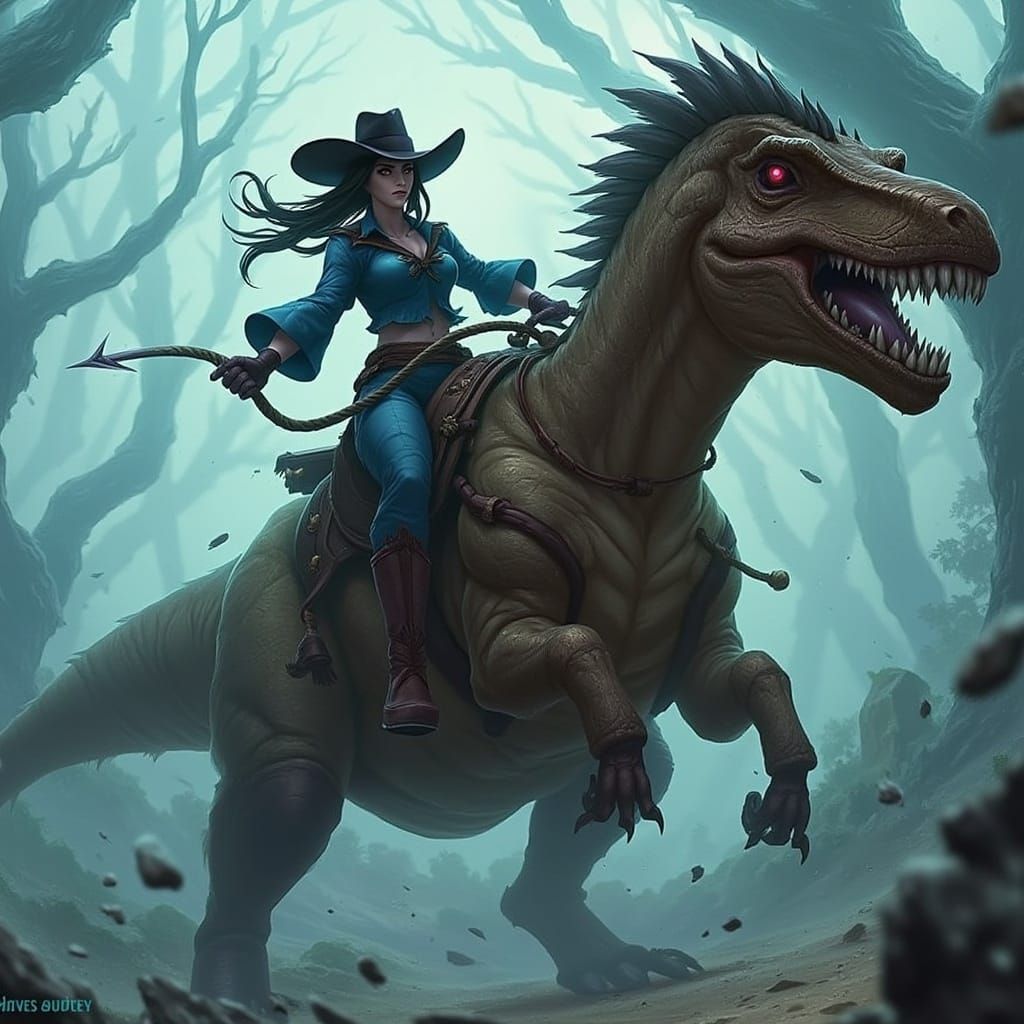 Woman Riding Dinosaur Through Ancient Forest