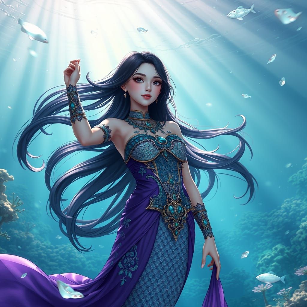 Korean Mermaid in Vibrant Underwater Anime Art
