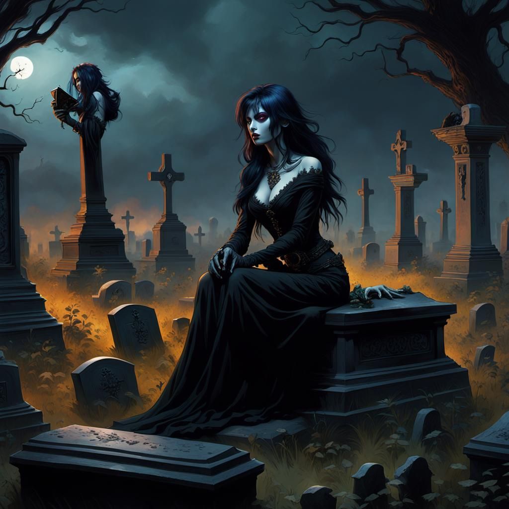 Emo Girl in Graveyard: Dark Fantasy Art