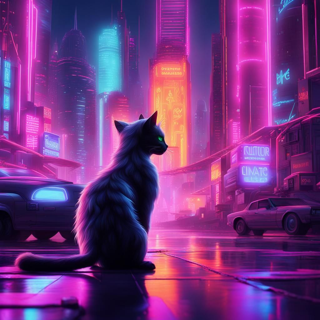 Cyber-Cat Roaming a Neon-Lit Cityscape