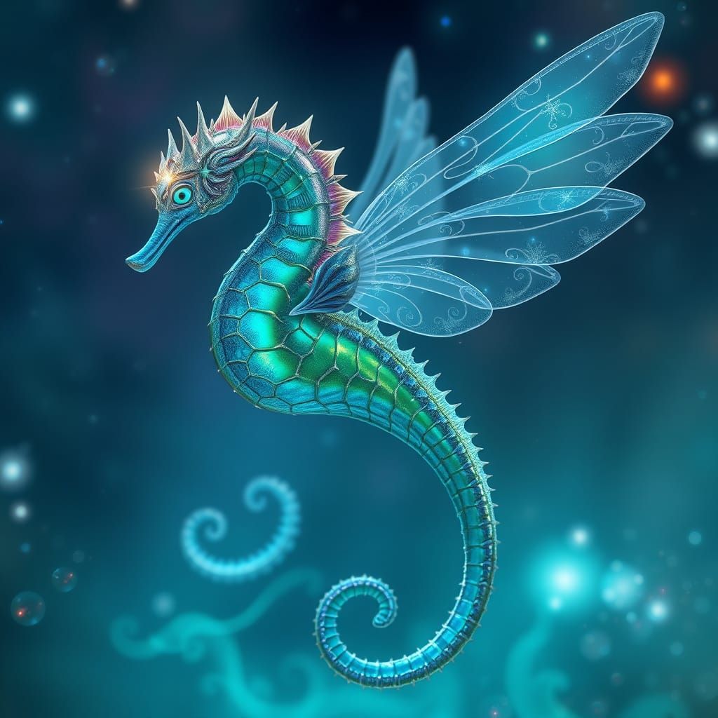 Celestial Seahorse with Iridescent Wings in a Dreamlike Envi...