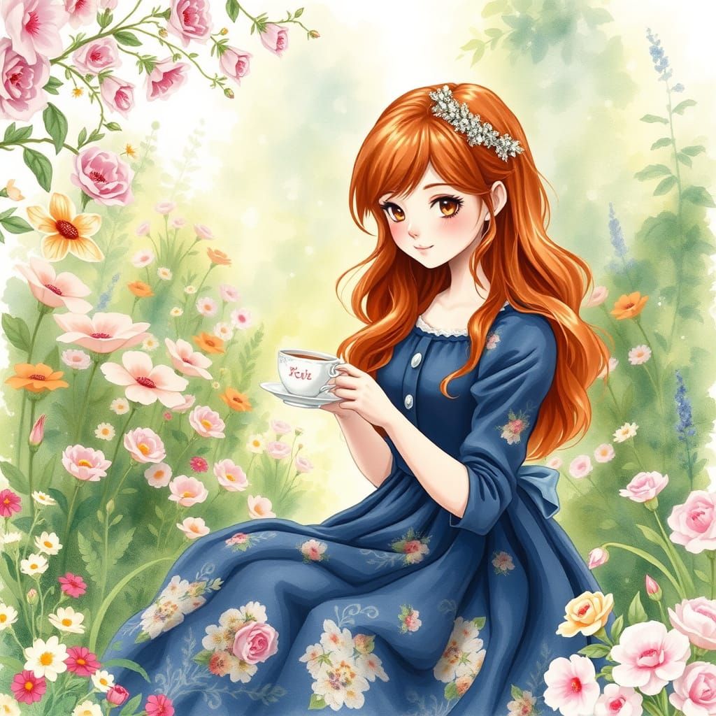 Garden Tea Party in Whimsical Watercolor Style