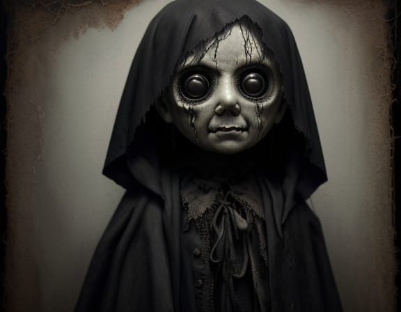 Eerie Chibi Potato Sack Boy Puppet in Grungy Oil Painting