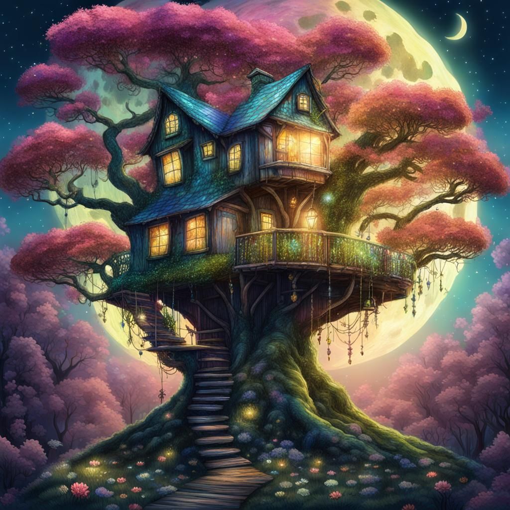 Magical Treehouse at Night in Psychedelic Style