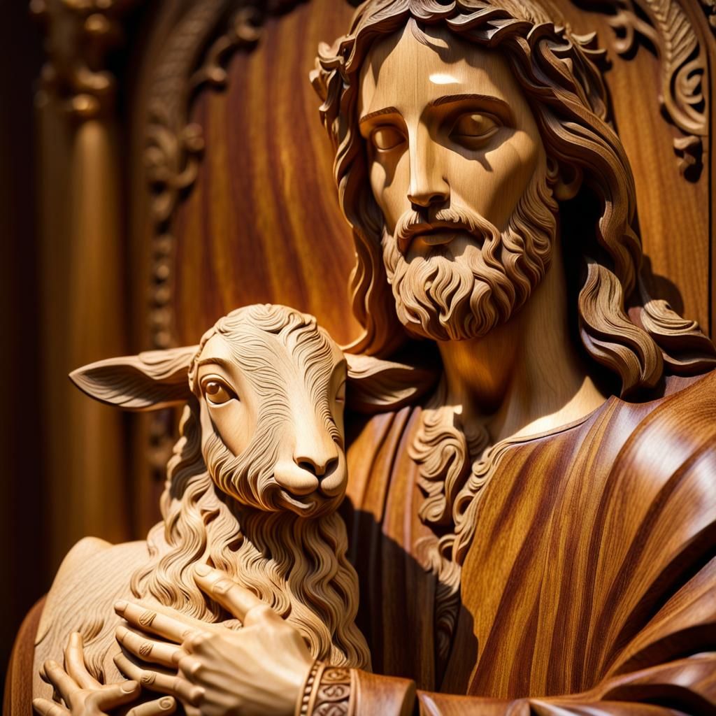 Jesus and Lamb Wood Carving in Renaissance Style