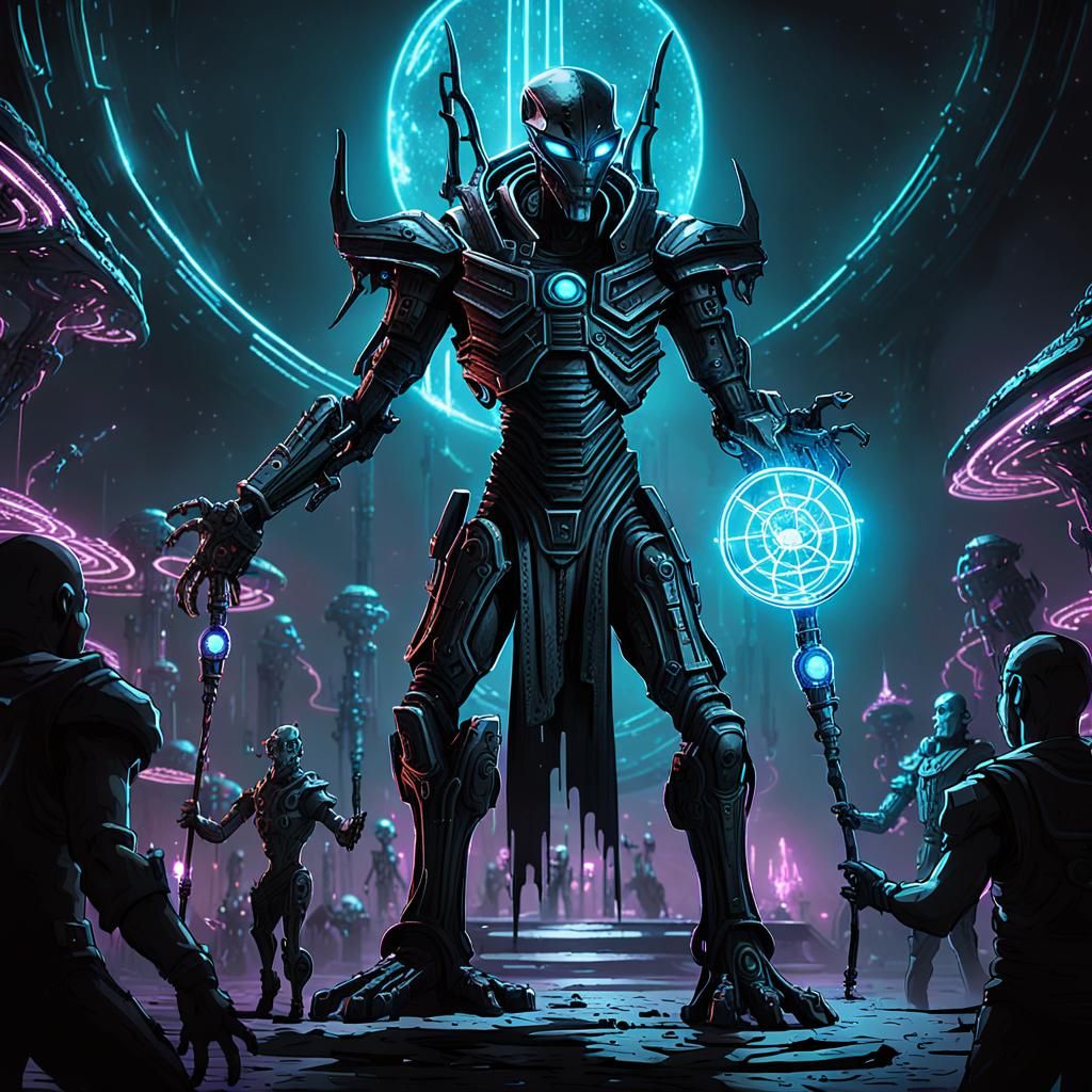 Cyberpunk Alien Sorcerer Casting Dark Magic