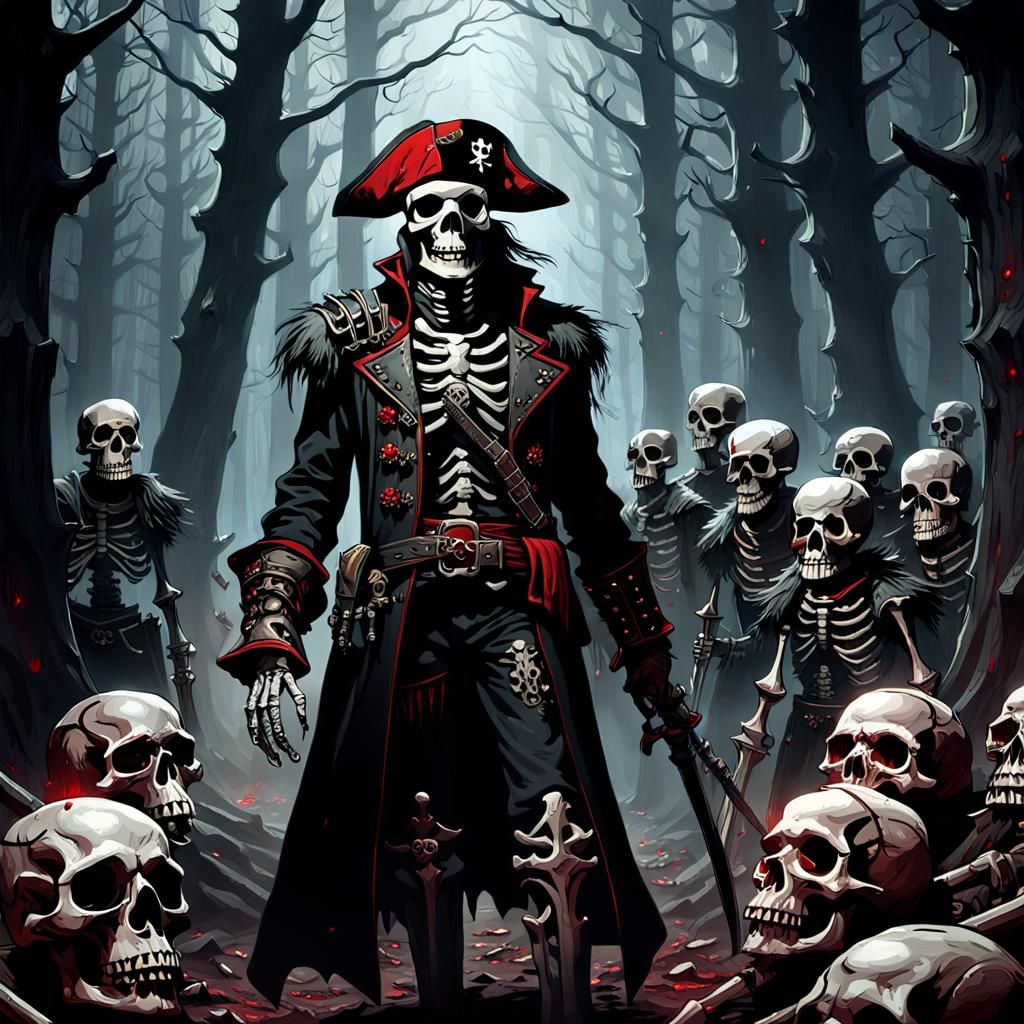 Skeleton Militia in Dark Forest, Dark Fantasy Art