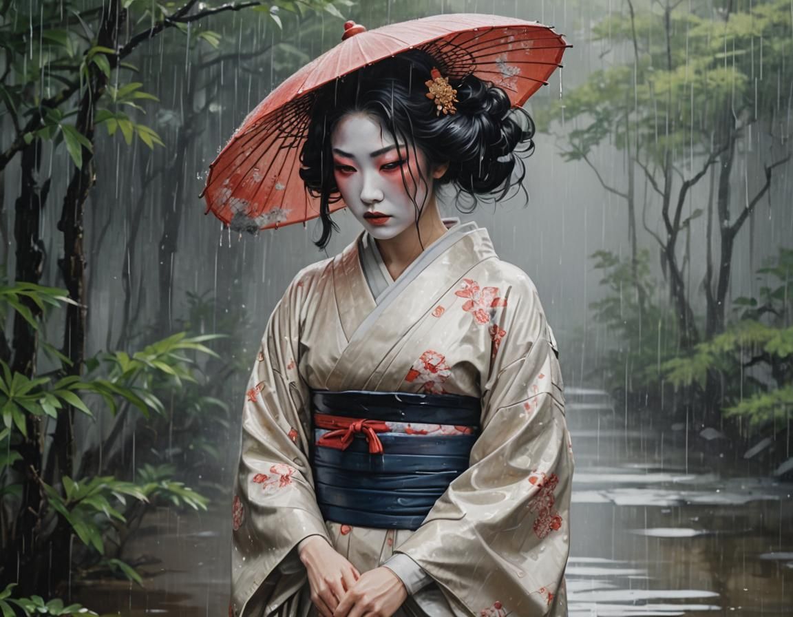 Cybergeisha Emerges from Rain in Ukiyo-e Style
