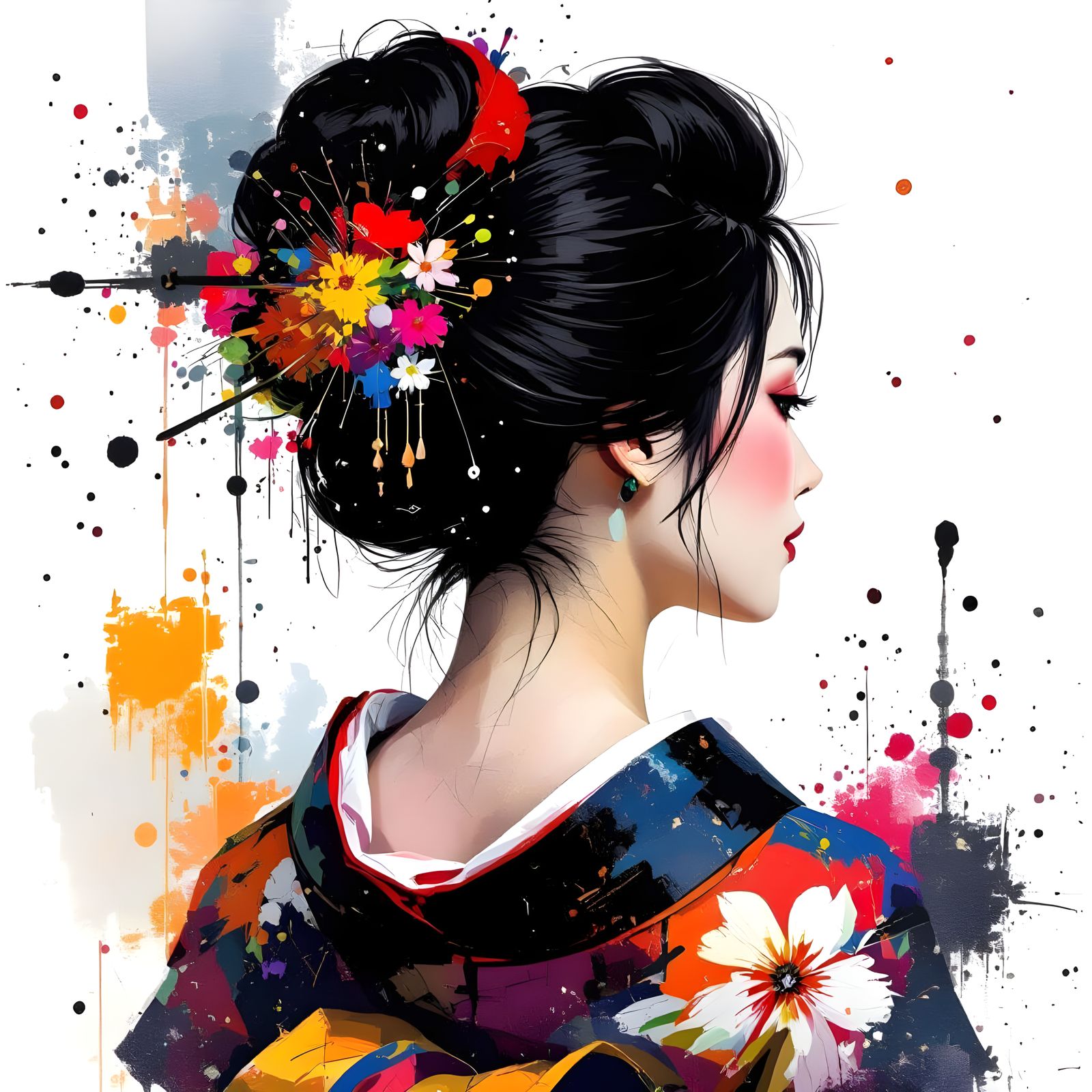 Japanese Woman Portrait in Oil Paint with Colorful Splatters