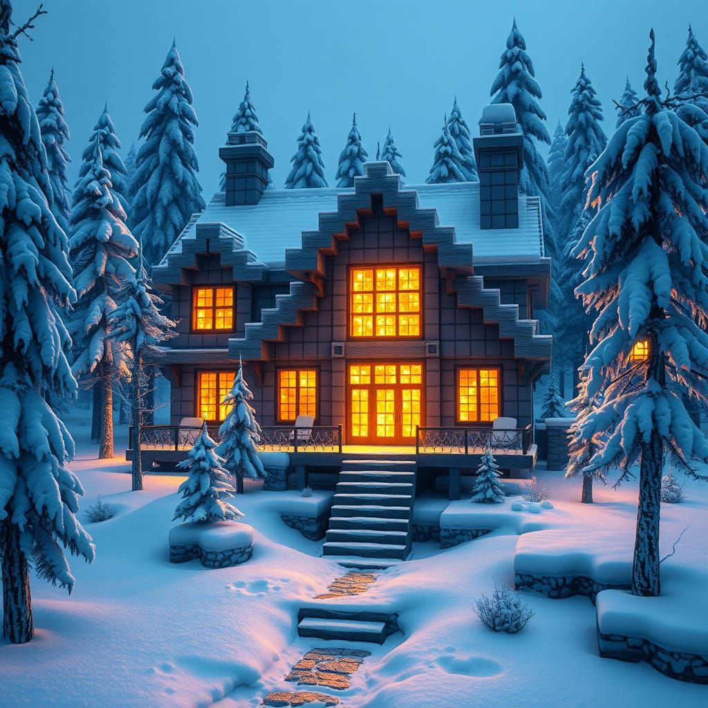 Cube-Like Snowy Taiga House in Vibrant Winter Wonderland