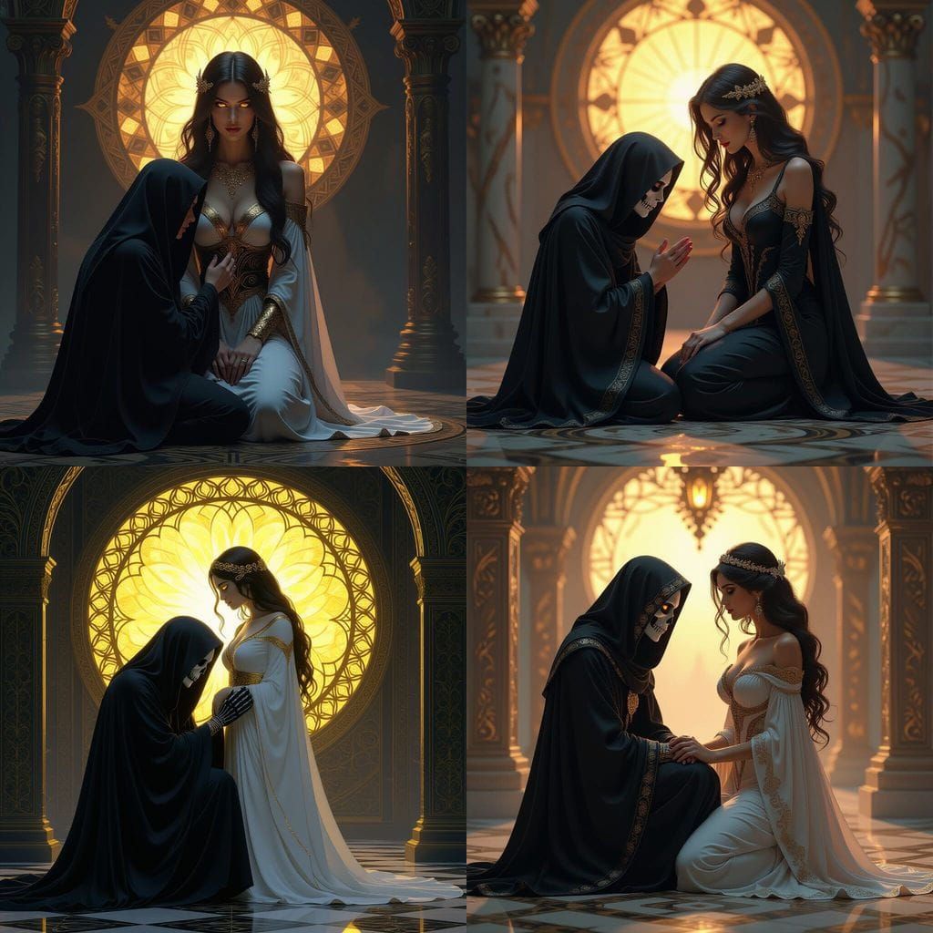 Grim Reaper Before Goddess in Dark Fantasy Art