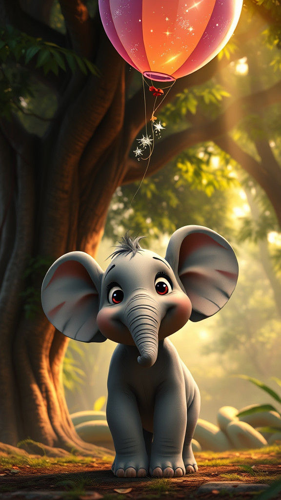 Baby Elephant and Balloon in Jungle: Pixar Style