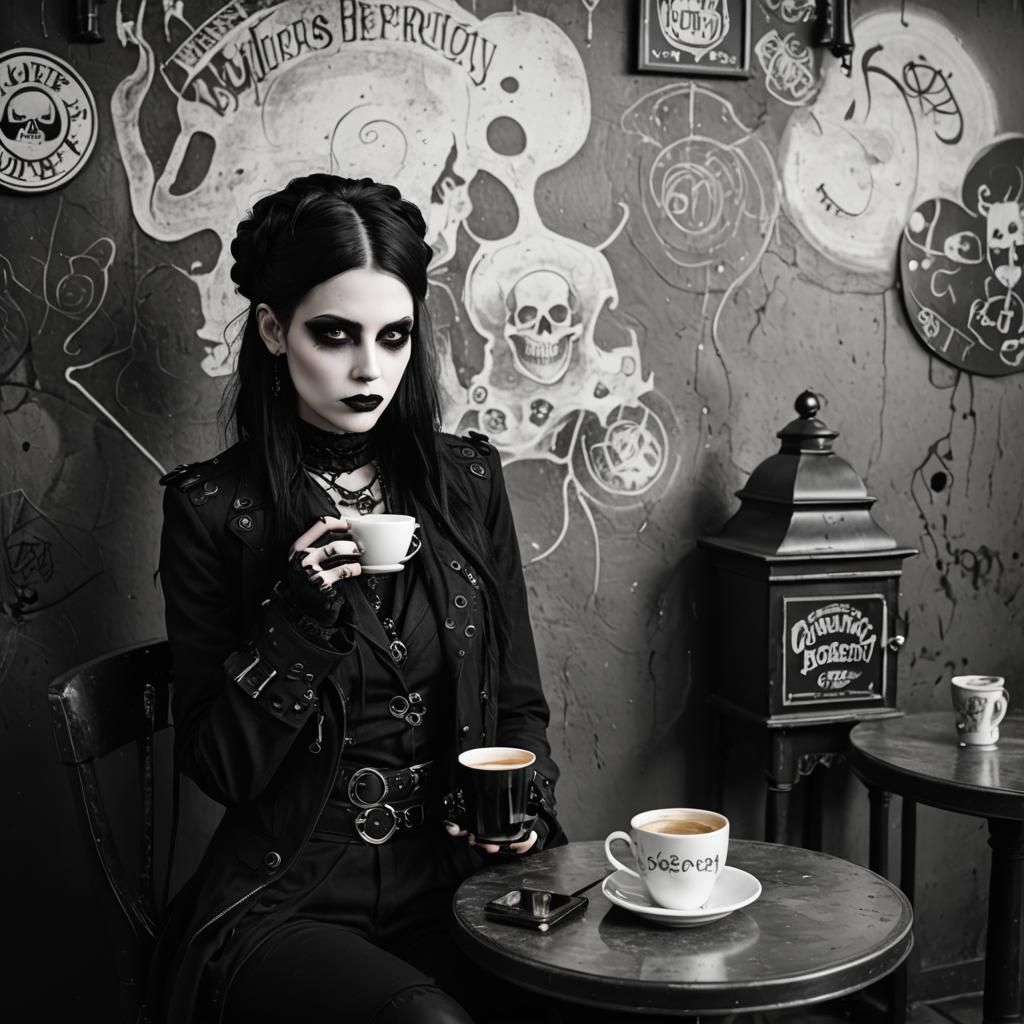 Goth Fashion Model in Coffee Shop
