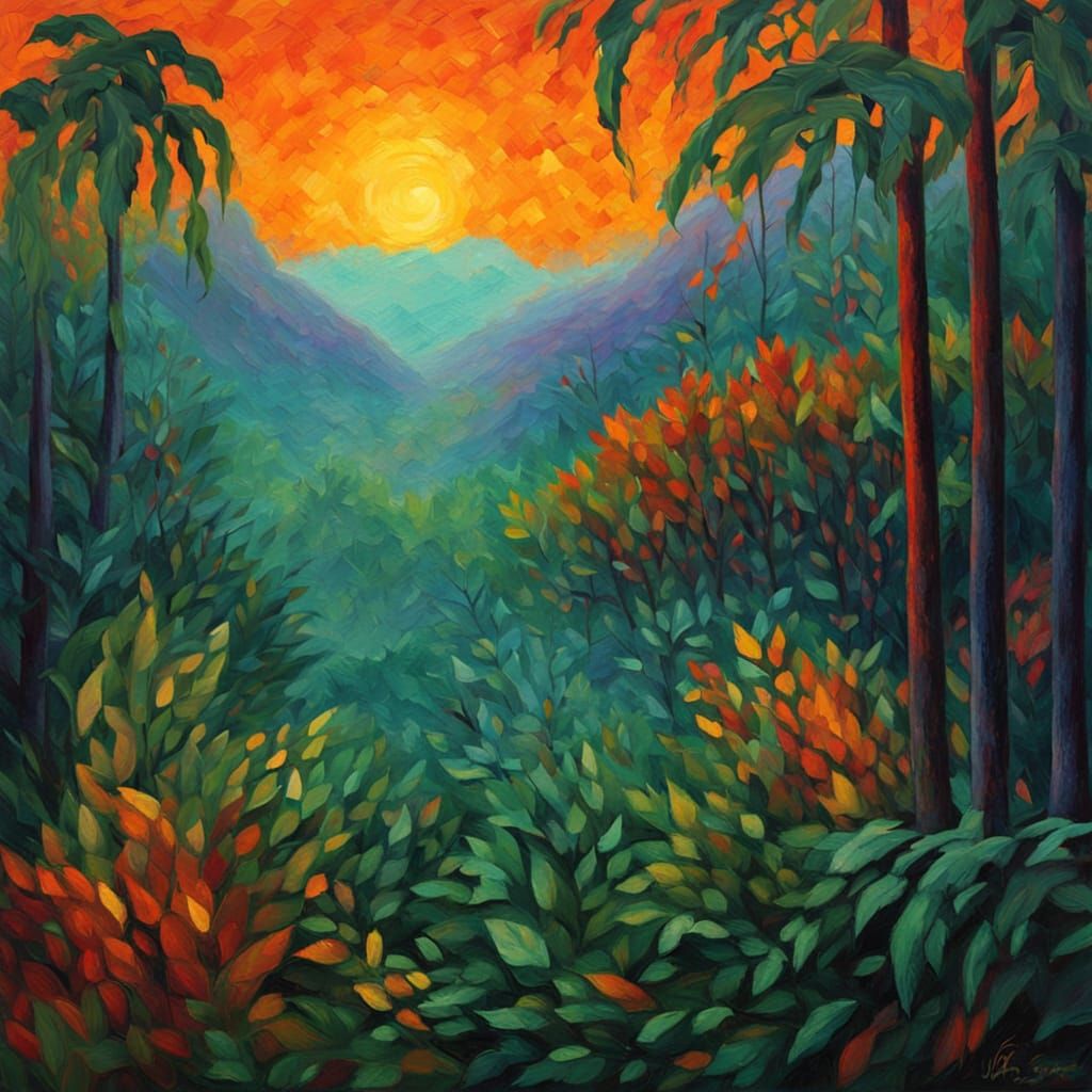 Jungle at Dusk: Neo-Impressionist Oil Painting