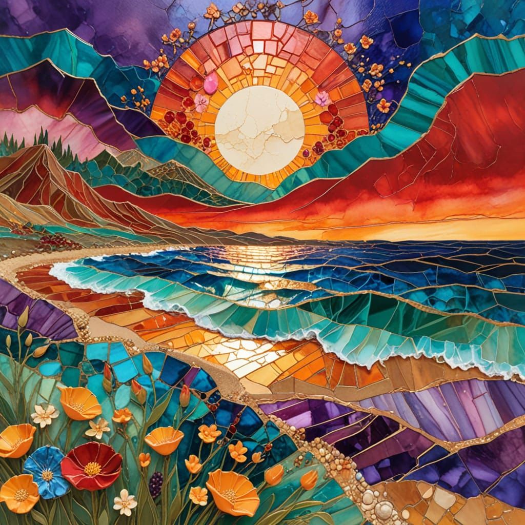 Surrealistic Beach Scene with Gemstone and Floral Elements