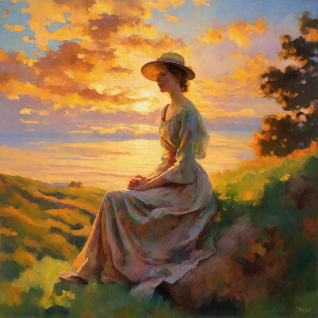 Sunset Serenity: Lady on a Rock, Neo-Impressionism