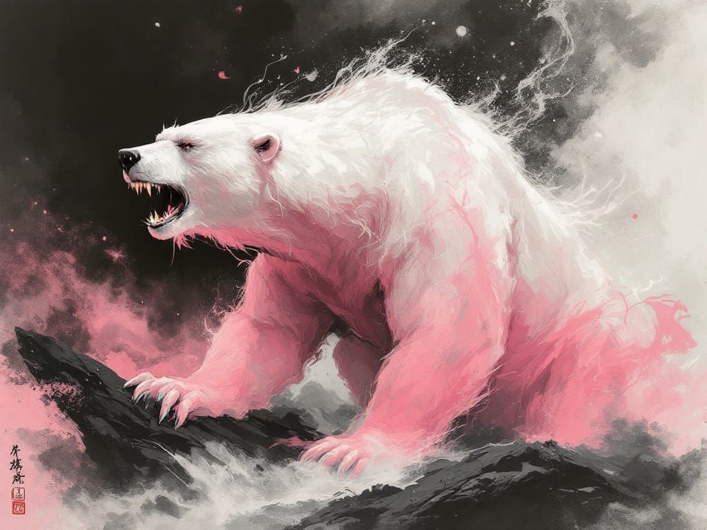 Ethereal Warrior Rides a Pink Polar Bear in Japanese Ink Bru...