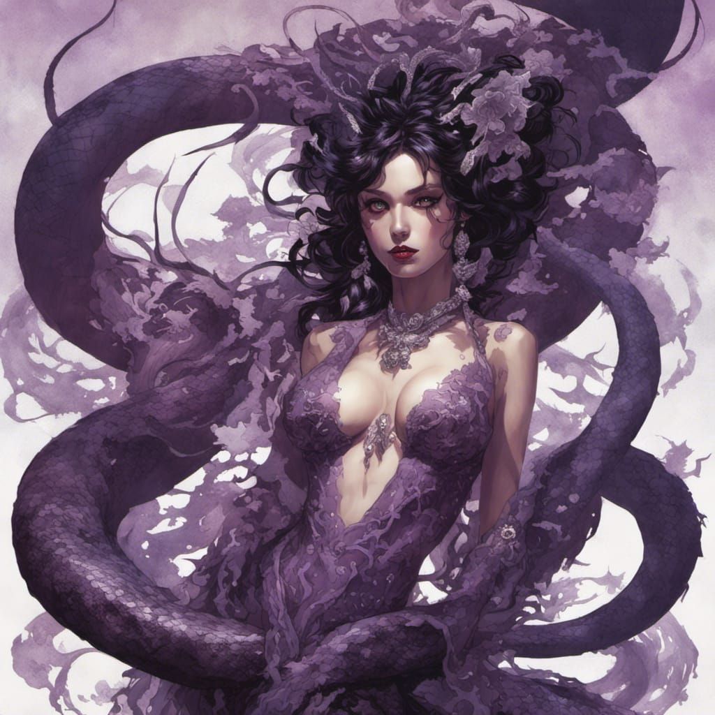 Pin-Up Snake Witch in Purple, Detailed Studio Photo