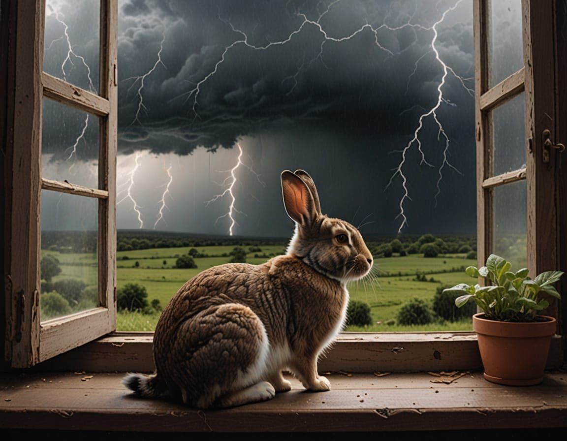 Rabbit Watches Tornado Unfold in Stormy Landscape
