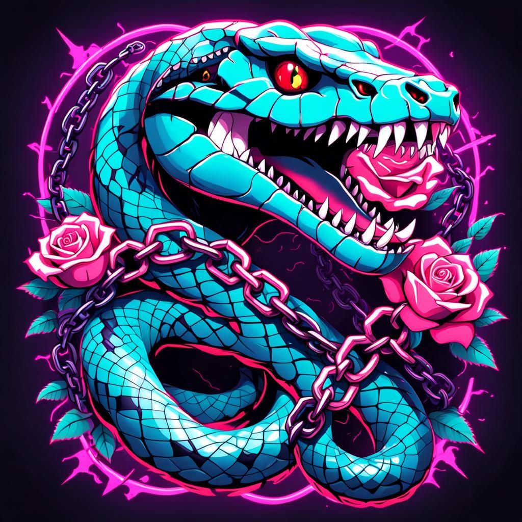 Surreal Synthwave Fusion: Fangs, Chain, Rose, Snake, Tattoo