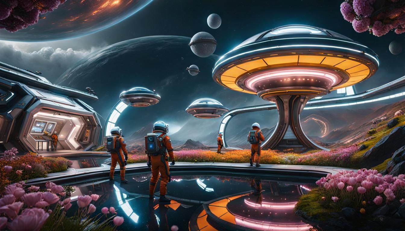 Futuristic Flower Space Station in Hyperrealistic Style