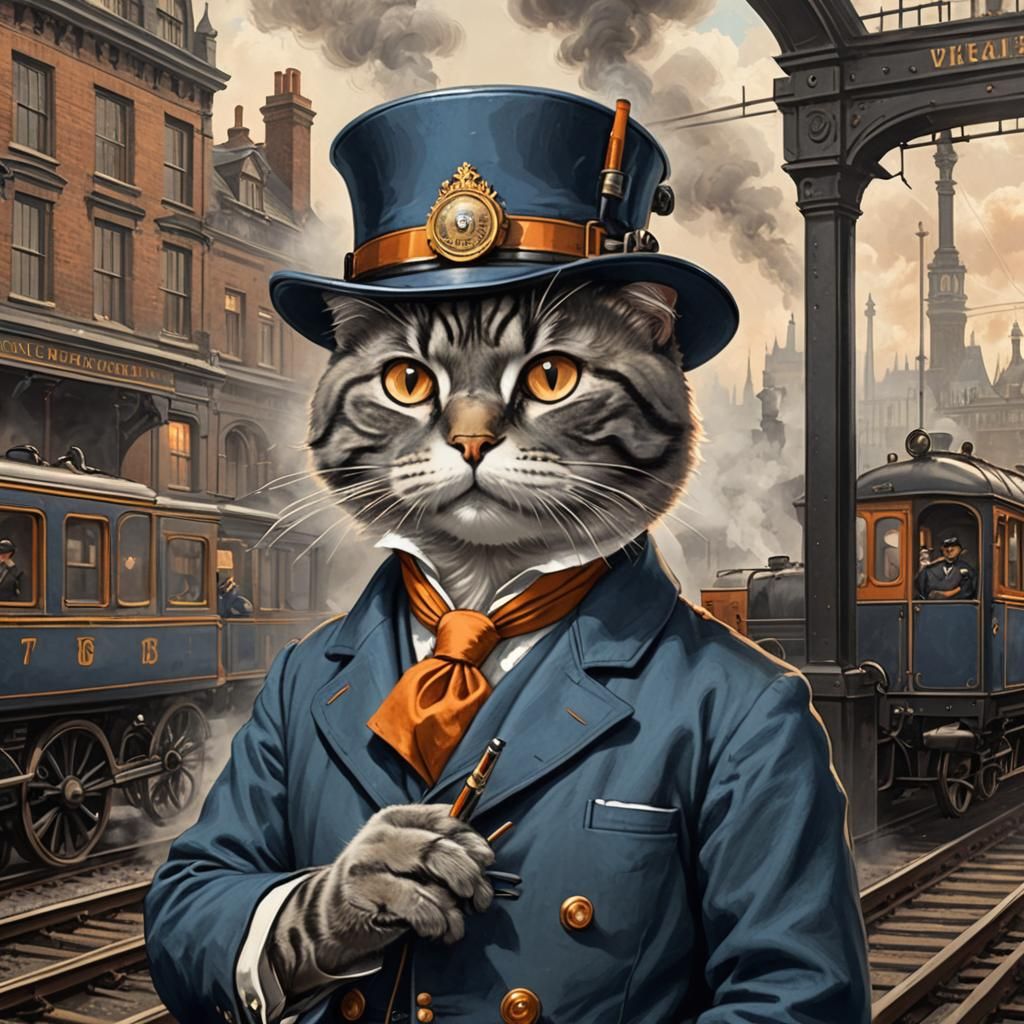 Blue and Orange Cat Train Engineer in London