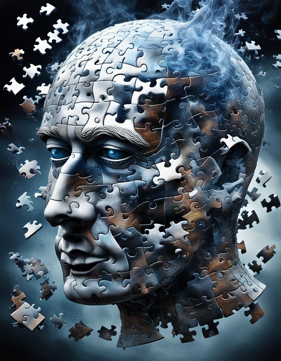 Surreal Jigsaw Head in Motion with 3D Shading