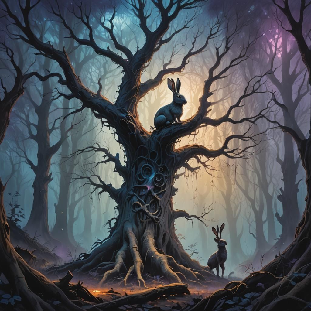 Bunny in Dark Forest, Moody Oil Painting